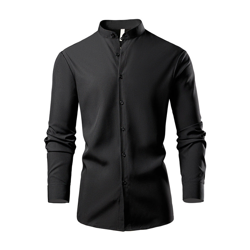 Herren elegantes Langarmhemd mit stehendem Kragen und modernen Knopfdetails Drune