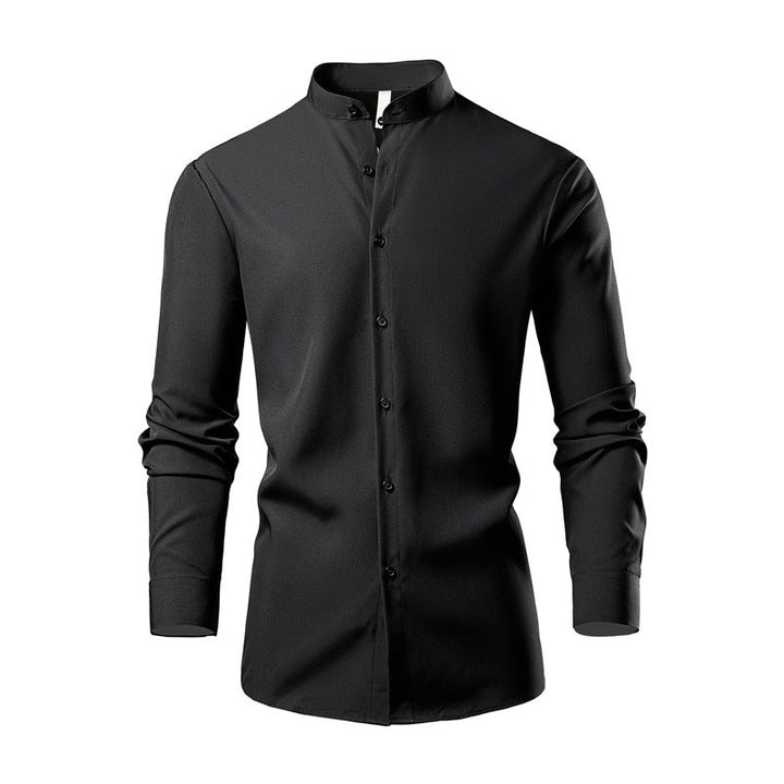 Herren elegantes Langarmhemd mit stehendem Kragen und modernen Knopfdetails Drune