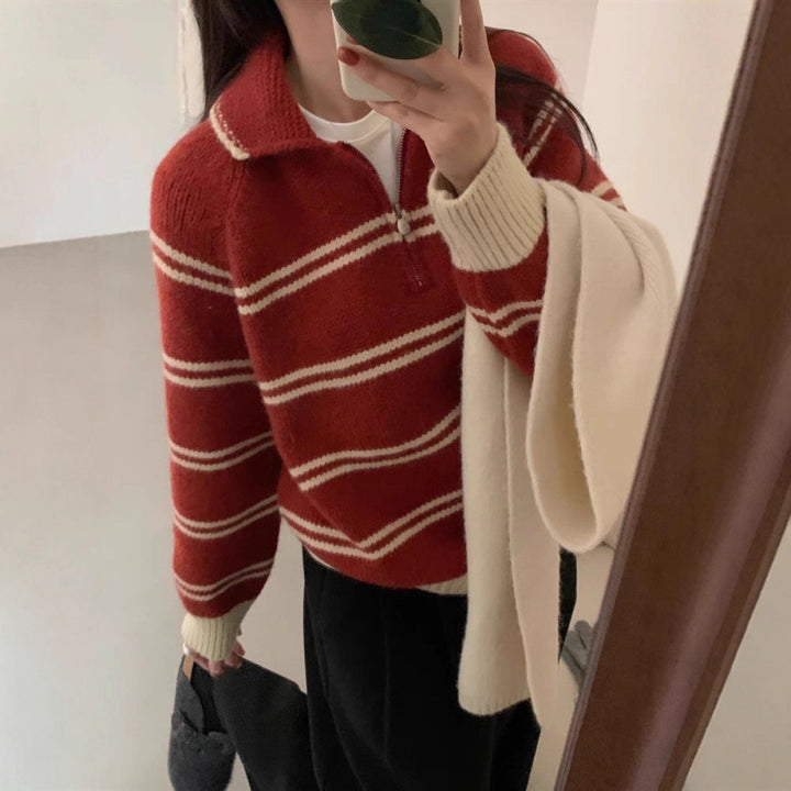 Damen Strickpullover mit Halbreißverschluss und gestreiftem Design Drune