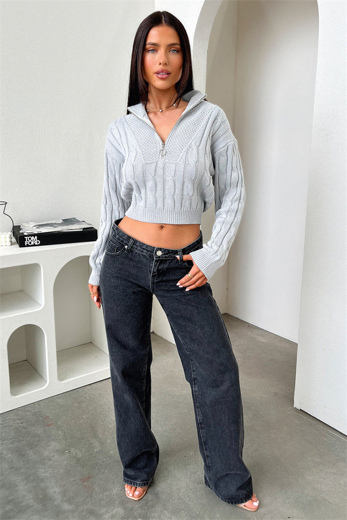 Damen Modischer Cropped Pullover mit Zipper und Strickdetails Drune