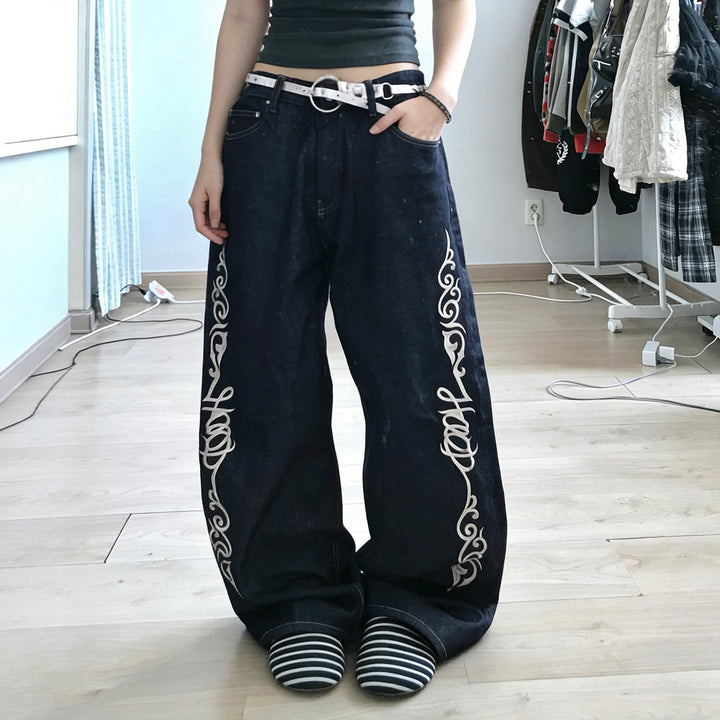 Damen weite Jeans mit kunstvollem Stickmuster Drune