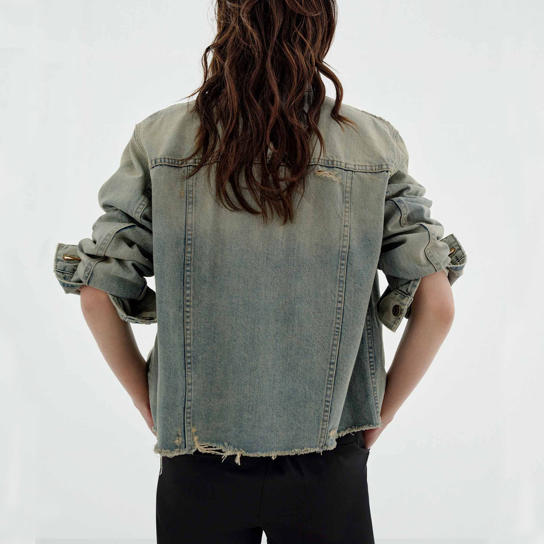 Damen modische Denimjacke im Vintage-Stil mit lässigem Schnitt und fransigen Details Drune