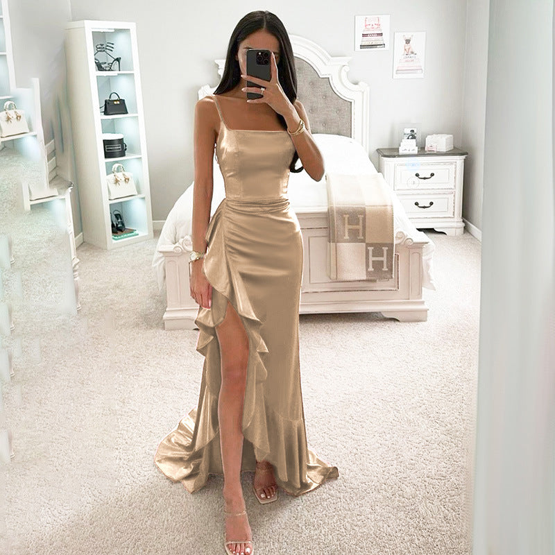 Damen elegantes Maxikleid mit seitlichem Schlitz und fließendem Rüschensaum Drune