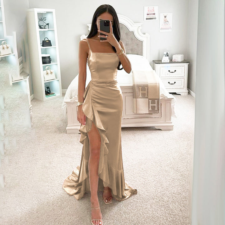 Damen elegantes Maxikleid mit seitlichem Schlitz und fließendem Rüschensaum Drune