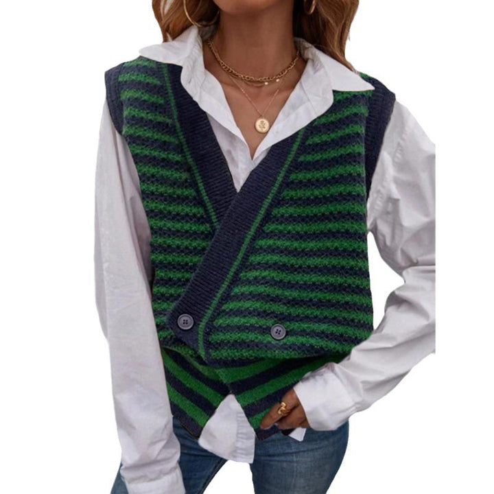 Damen Strickweste mit modischem Streifenmuster und doppeltem Knopfverschluss Drune
