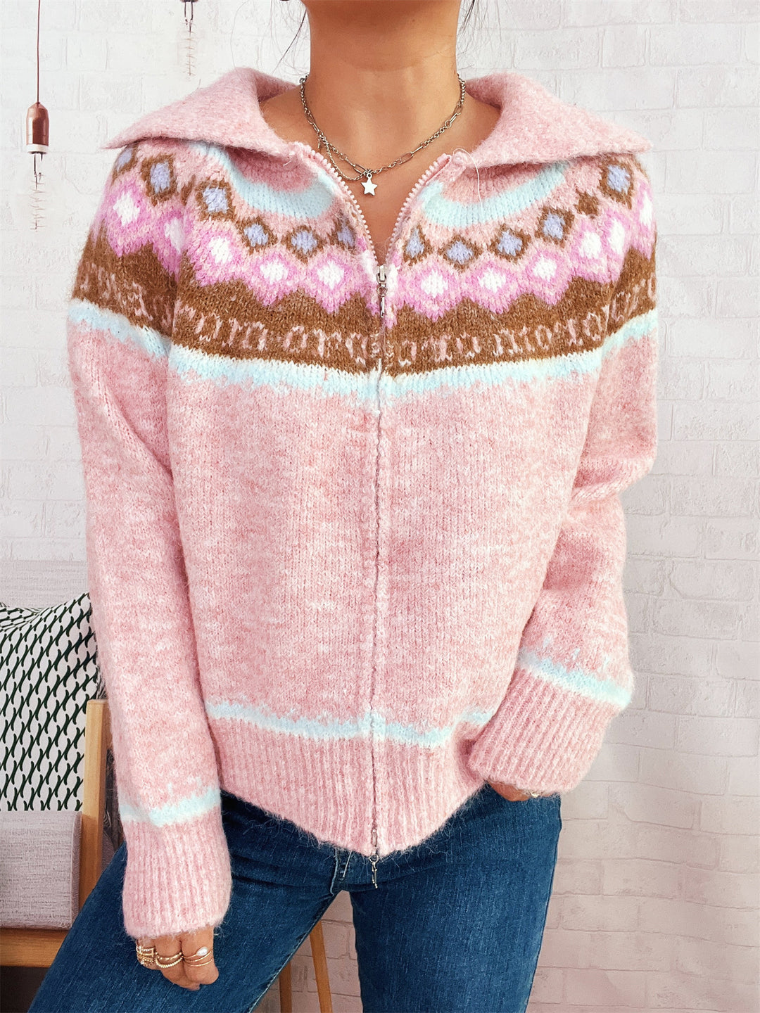 Damen Strickjacke mit buntem Muster und hochwertigem Reißverschluss Drune