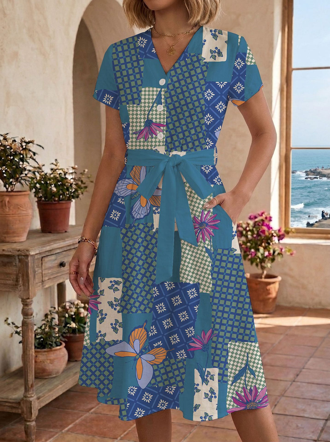 Damen Sommerliches Kleid mit taillierbarem Bindegürtel und floralem Muster Drune