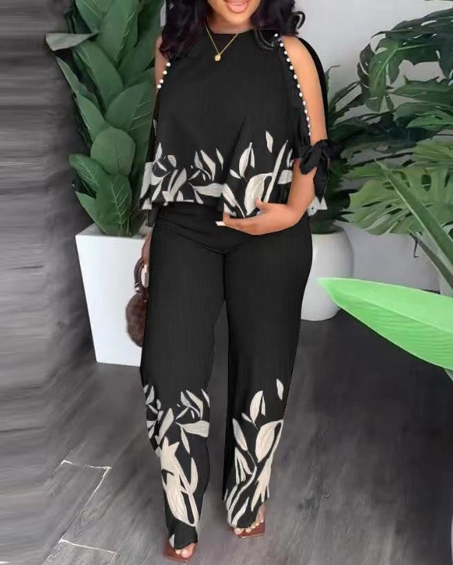 Damen Elegant gestaltetes Sommeroutfit mit floralem Design und Schulterfreiem Oberteil Drune