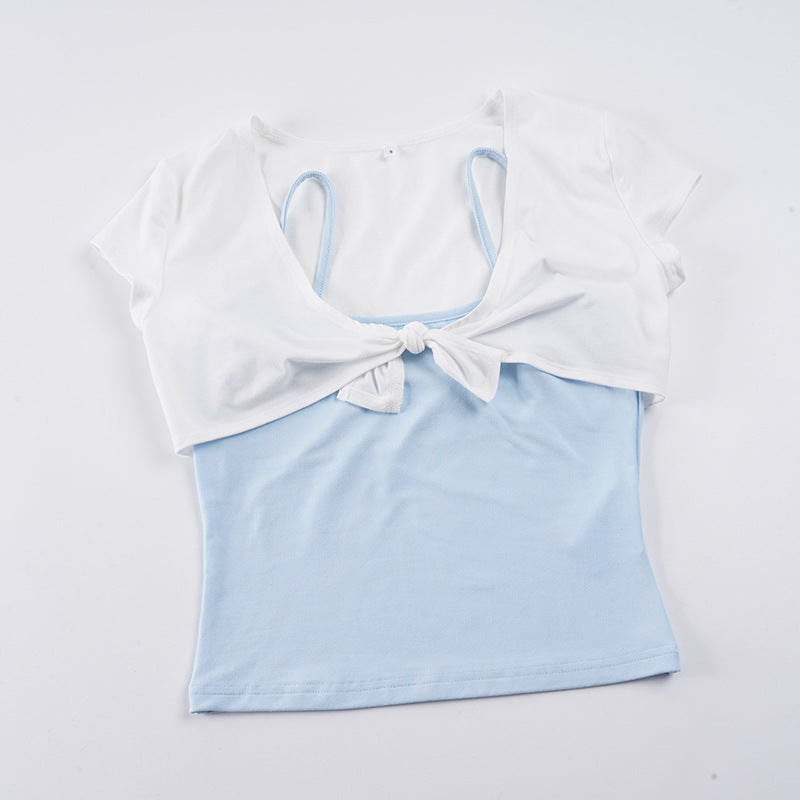 Damen Kurzarm Blusentop mit Knotendetail Drune