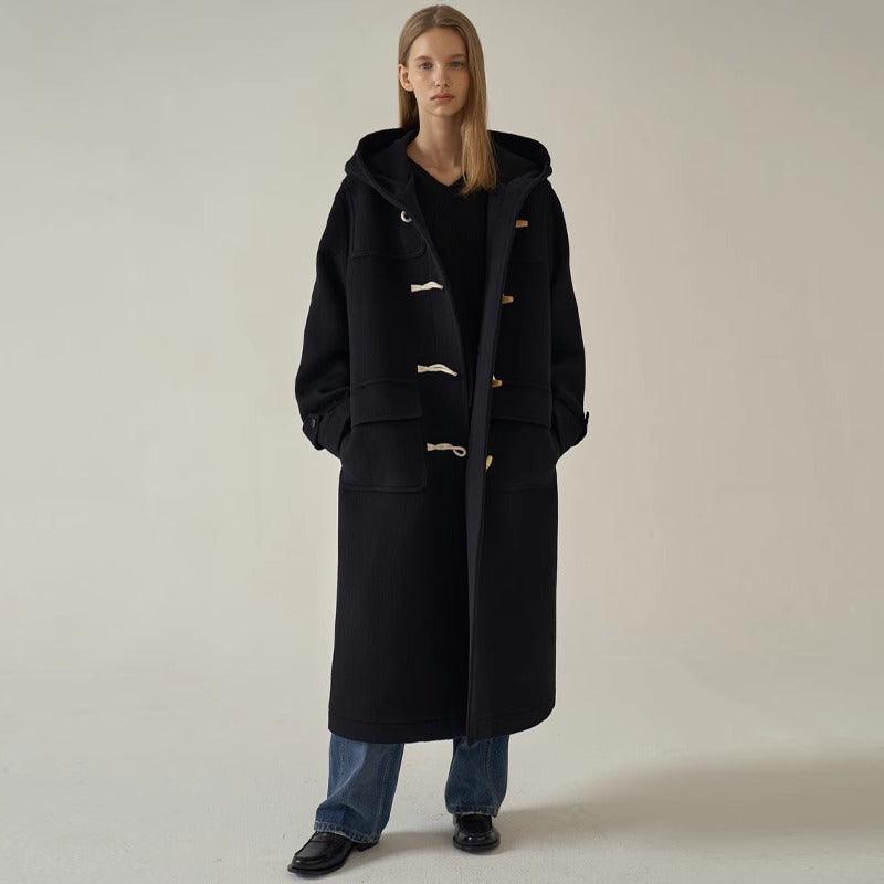 Damen langer Dufflecoat mit Kapuze Drune