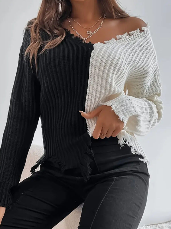 Damen Modischer Pullover mit asymmetrischem Design und Fransen Drune