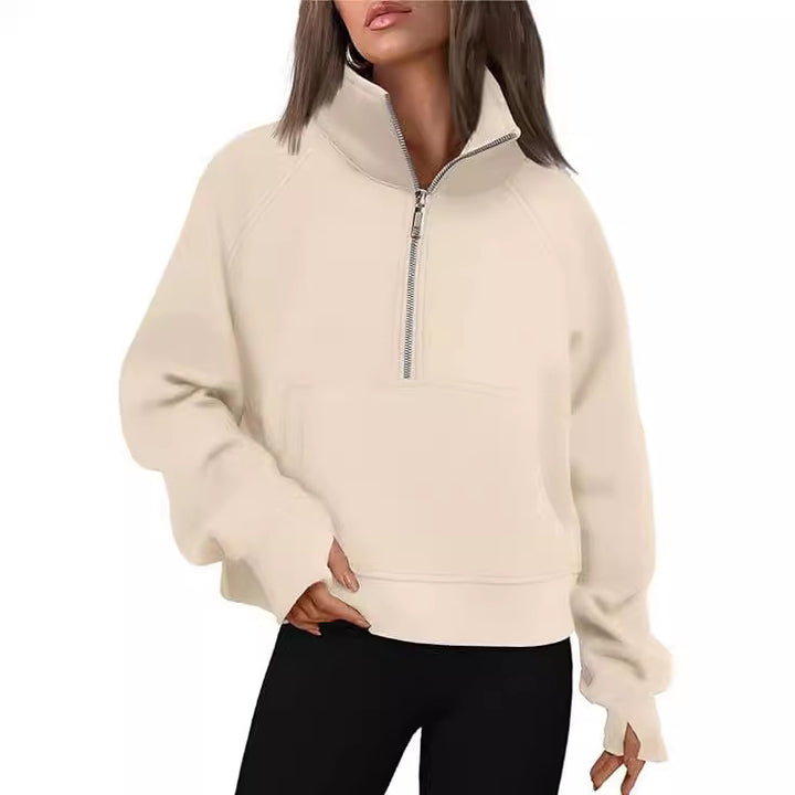 Damen nan verkürztes Oversize-Fleece-Sweat mit halbem Reißverschluss, Stehkragen, Kängurutasche und Daumenlochbündchen Drune