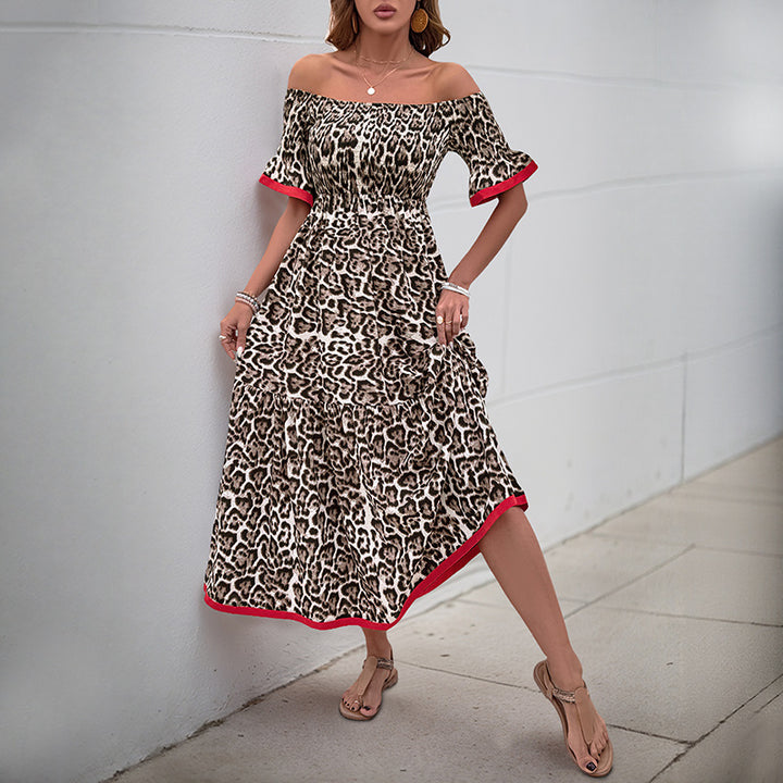 Damen Off-Shoulder Maxikleid mit Rüschendetails und animalischem Muster Drune