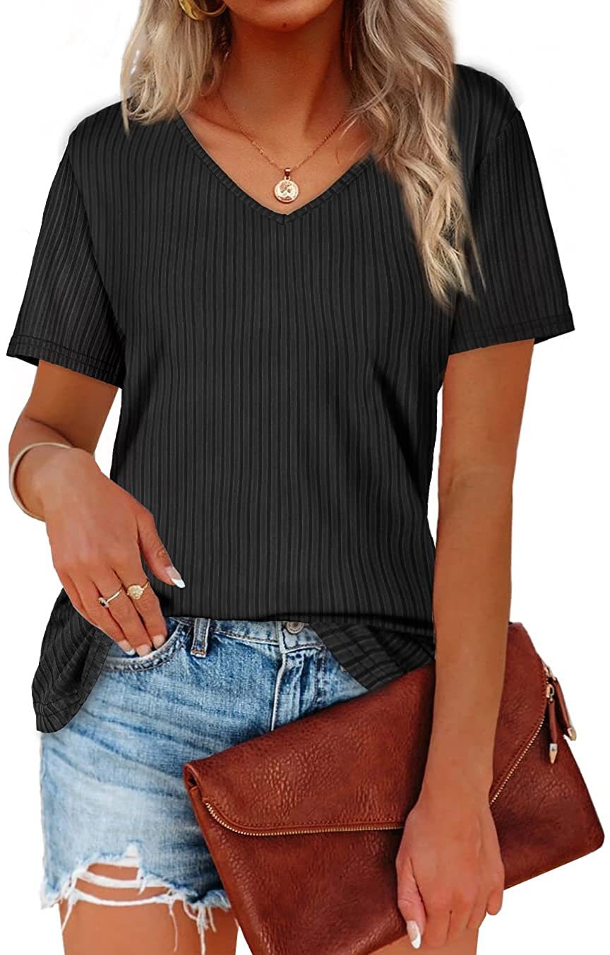 Damen Viskose T-Shirt mit feinem Rippstrickmuster und lässigem V-Ausschnitt Drune