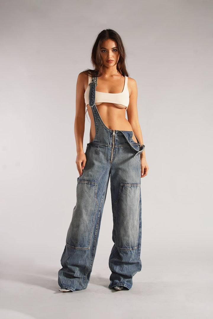 Damen lässige Denim-Latzhose mit oversized Schnitt und praktischen Taschen Drune