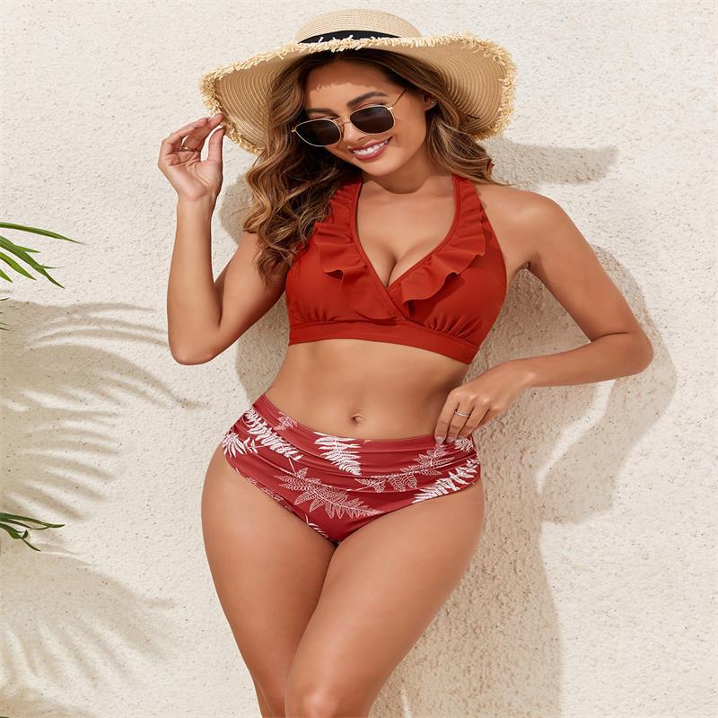 Damen Bikini-Set mit Volant-Top und hochgeschnittenem Slip Drune