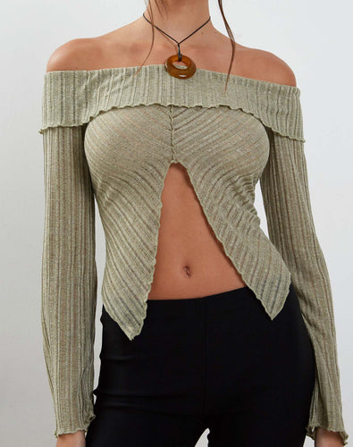 Damen Trendy Oberteil mit Off-Shoulder-Design und dekorativen Rüschen Drune