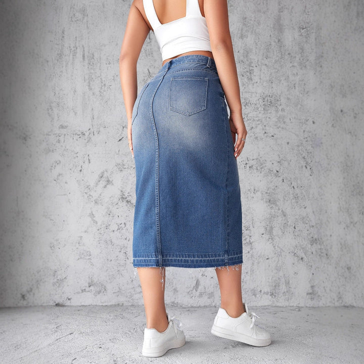 Damen Denim-Midirock mit hohem Schlitz und fransigem Saum Drune