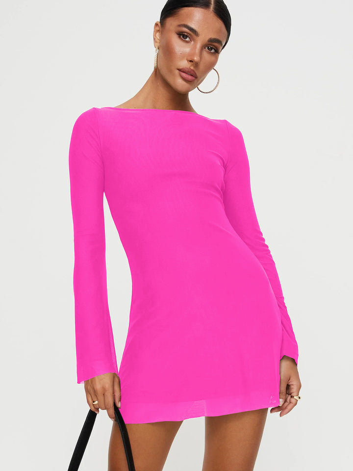 Damen figurbetontes Minikleid mit langem Ärmel und elegantem Rundhals Drune