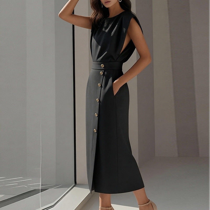 Damen Elegantes Midi-Kleid mit Knopfdetails und Seitenschlitz Drune