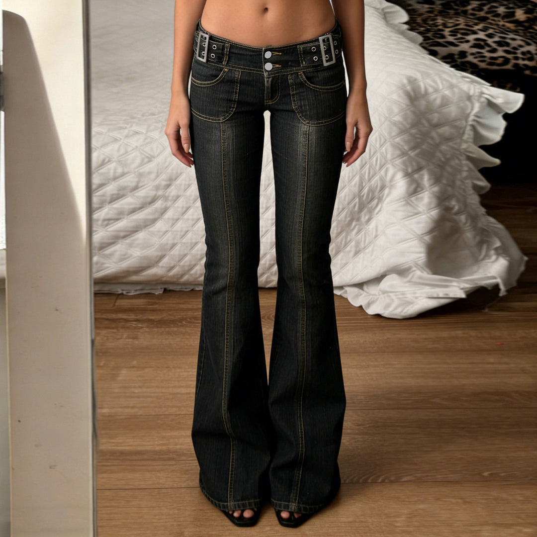 Damen Flared Jeans mit modischen Steppnähten und anpassbarem Bund Drune