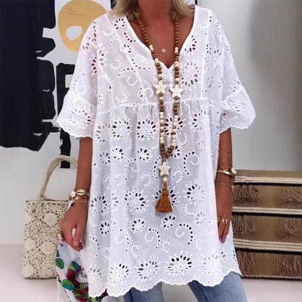 Damen Bluse mit floralen Stickereien und weiten Ärmeln Drune