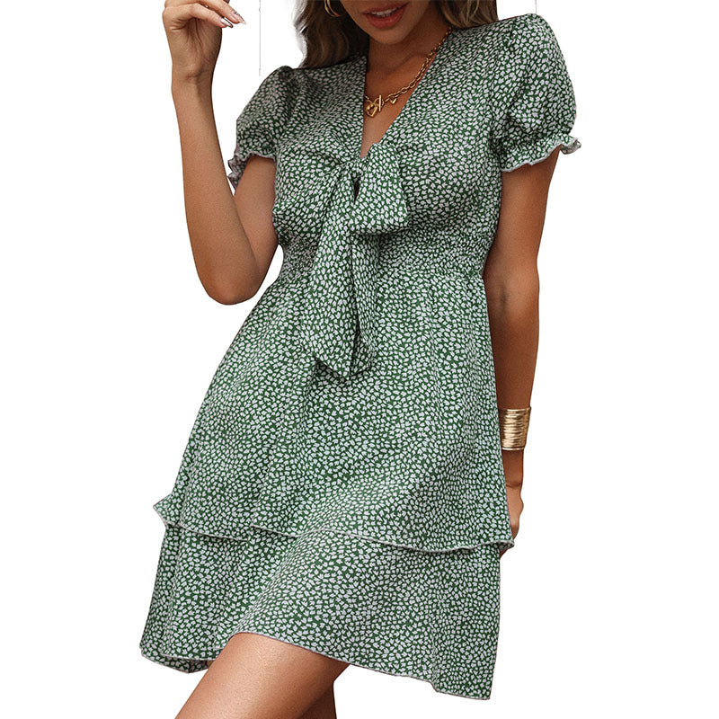 Damen Kurzarm Kleid mit Schleifenakzent und voluminösen Rüschendetails Drune