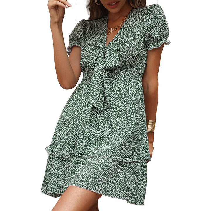Damen Kurzarm Kleid mit Schleifenakzent und voluminösen Rüschendetails Drune