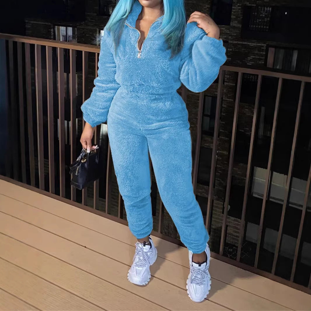 Damen nan kuscheliges Teddy-Lounge-Set mit Halbzip und Highwaist-Jogger Drune