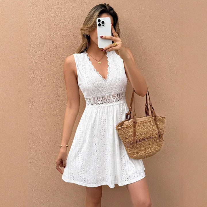 Damen Sommerliches Spitzenkleid mit tiefem V-Ausschnitt und elastischem Tailleneinsatz Drune