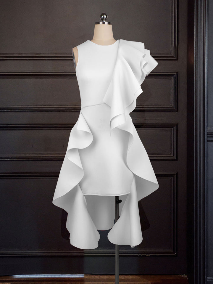 Damen elegantes Kleid mit asymmetrischen Rüschen Drune