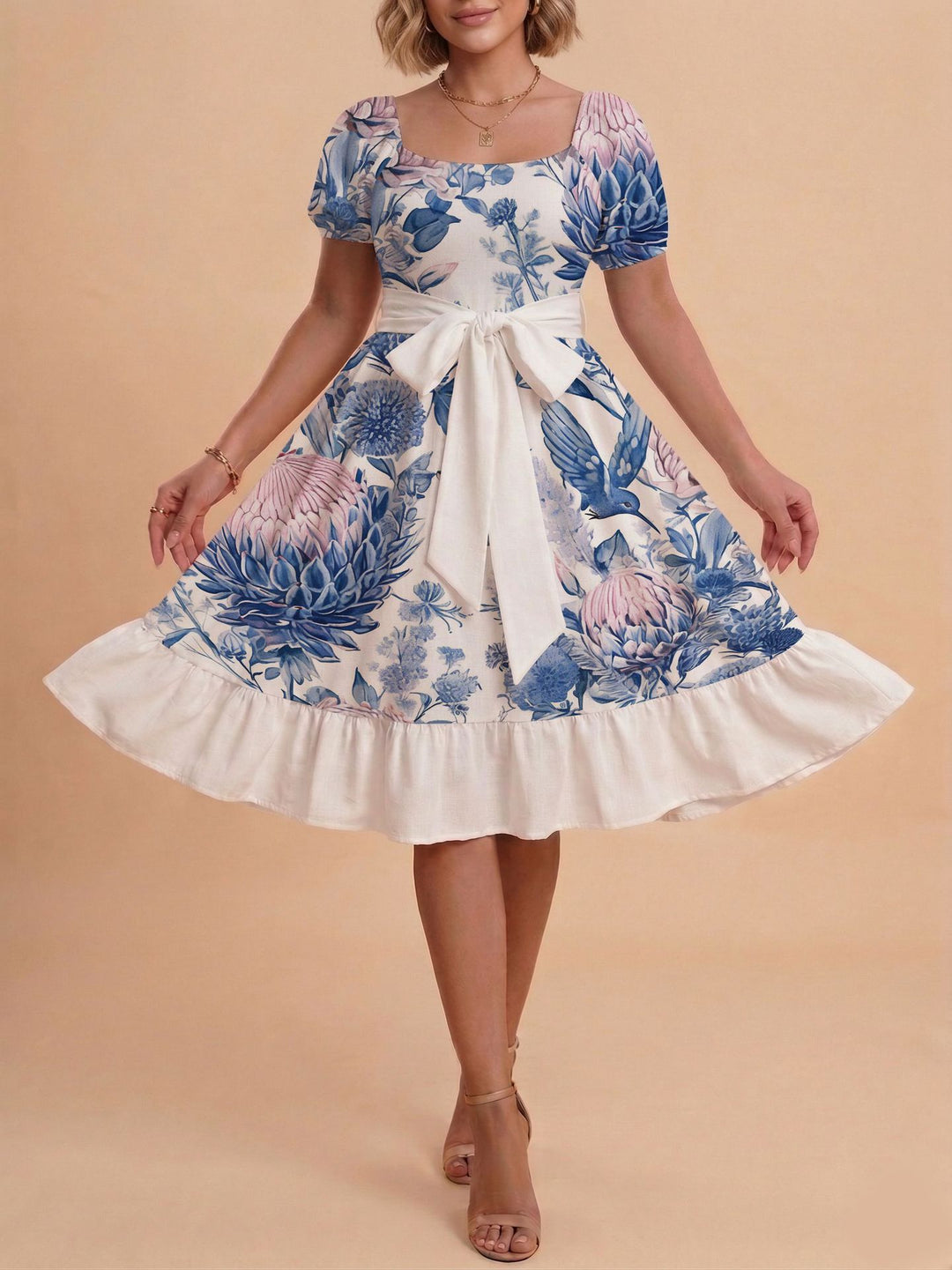 Damen Retro Maxikleid mit Puffärmeln und Taillengürtel Drune