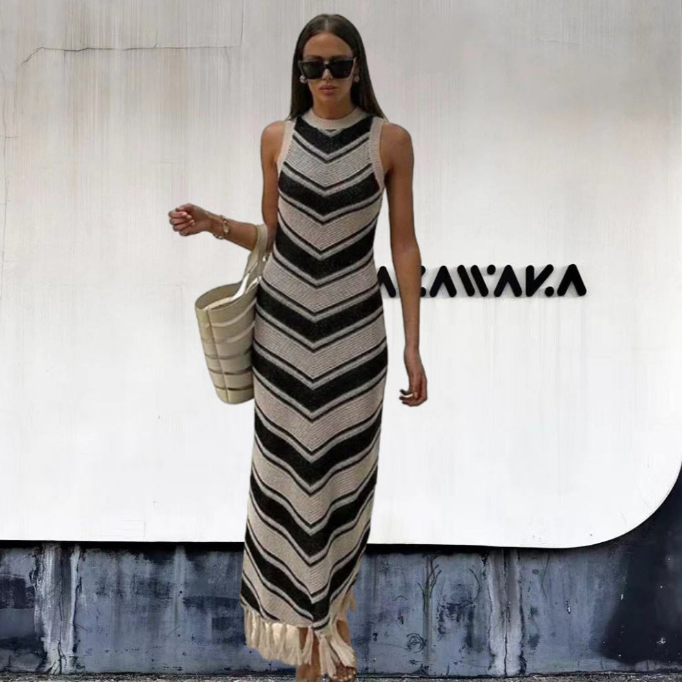 Damen Maxikleid mit Chevron-Muster und fransigen Details Drune