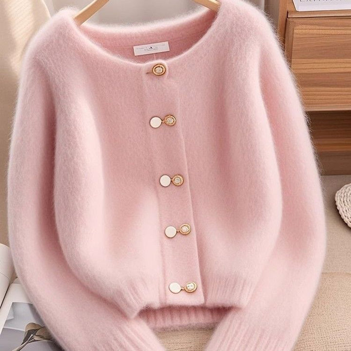 Damen kuschelige Strickjacke mit goldenen Knopfdetails Drune