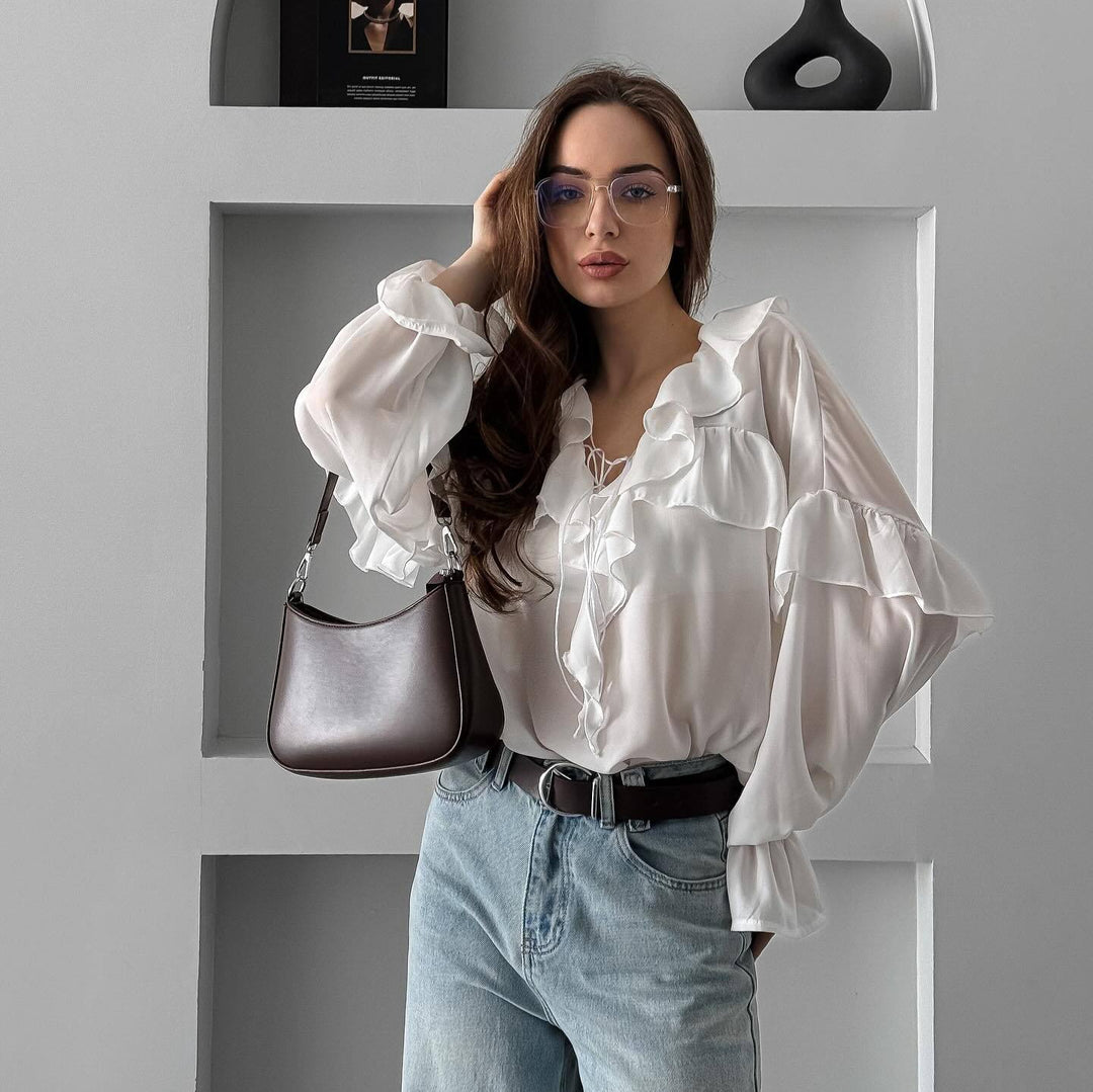 Damen Bluse mit verspieltem Volant und Bindegürtel Drune