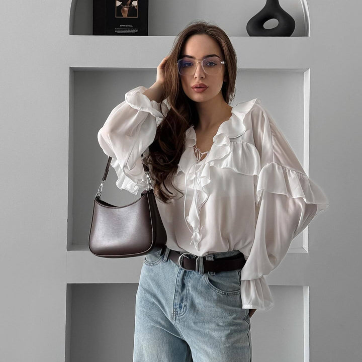 Damen Bluse mit verspieltem Volant und Bindegürtel Drune