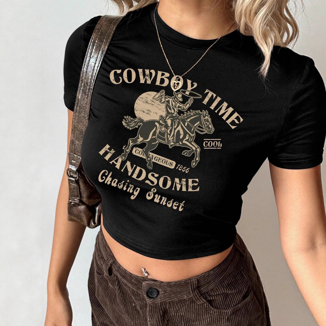 Damen Crop-T-Shirt mit kreativem Aussage-Design Drune