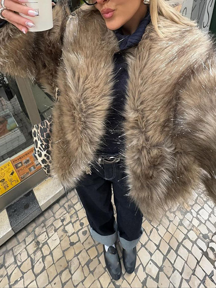 Damen luxuriöse Kunstfelljacke mit funkelndem Detail Drune