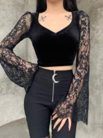 Damen Crop-Top mit eleganten Spitze-Ärmeln und figurbetontem Schnitt Drune