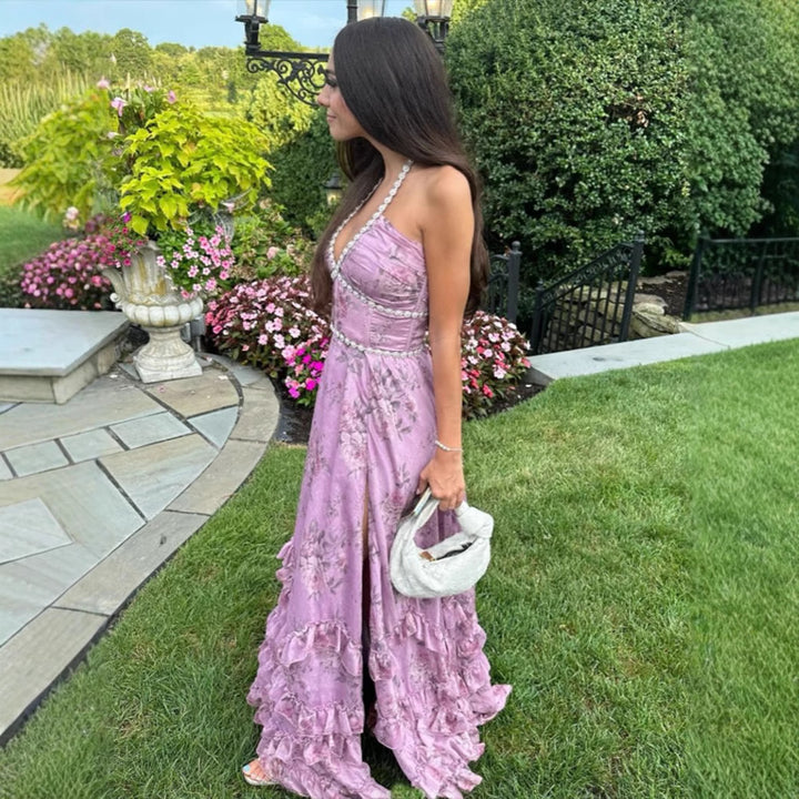 Damen Maxikleid mit raffinierten Rüschen und schimmerndem Stoff Drune