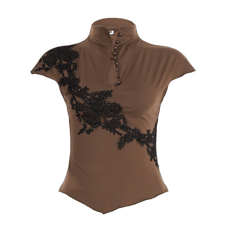Damen Elegantes Spitzenoberteil mit modischem Kragen und raffinierten Knopfdetails Drune