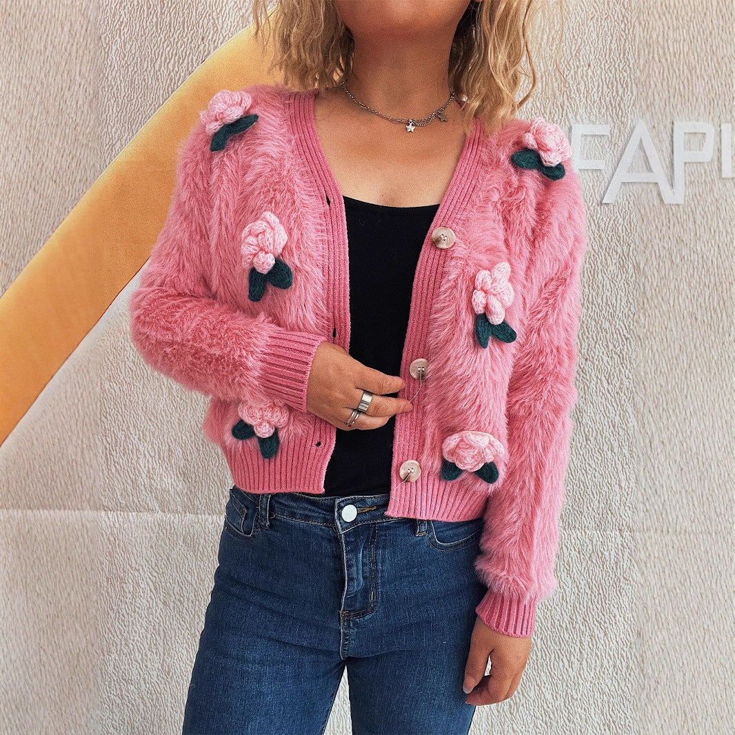 Damen Strickjacke mit floralen Applikationen und weichem Material Drune