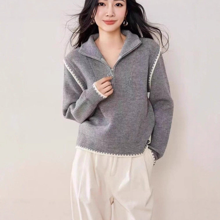 Damen Strickpullover mit hohem Kragen und Reißverschluss Drune