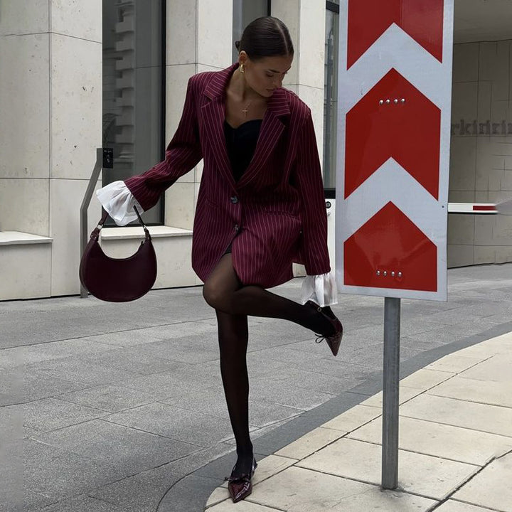 Damen Blazer im eleganten Streifenlook mit voluminösen Ärmeln Drune