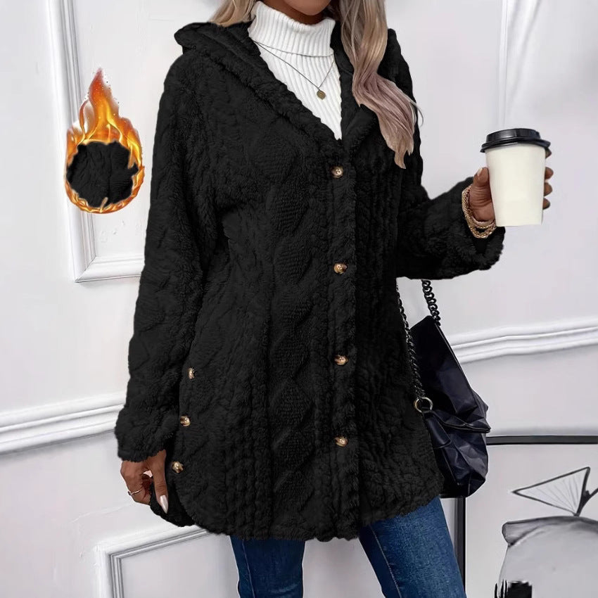 Damen kuscheliger Oversized-Mantel mit Kapuze und Knopfleiste Drune