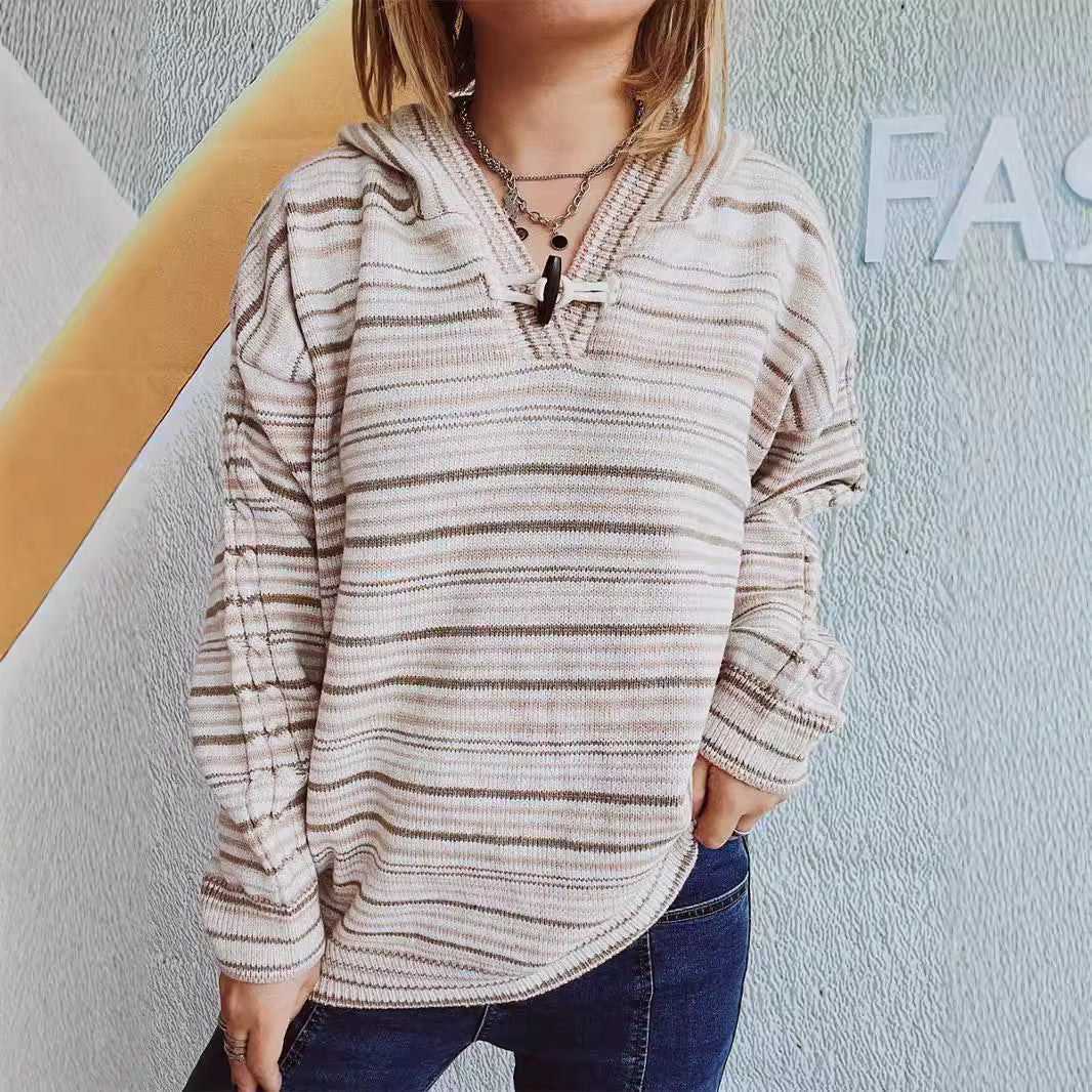 Damen gestreifter Hoodie mit breiten Ärmeln und Kordelzug Drune