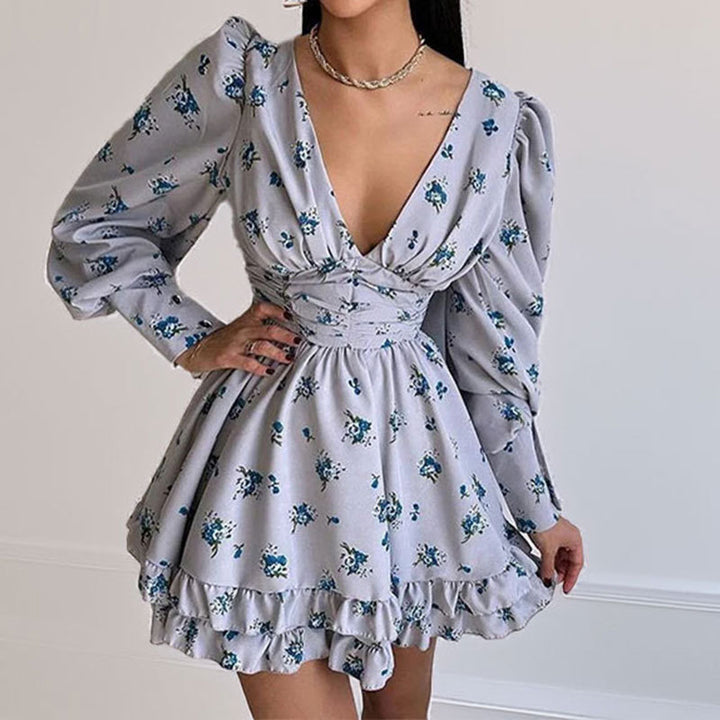 Damen Verspieltes Blumenkleid mit voluminösen Ärmeln und gerafftem Rock Drune