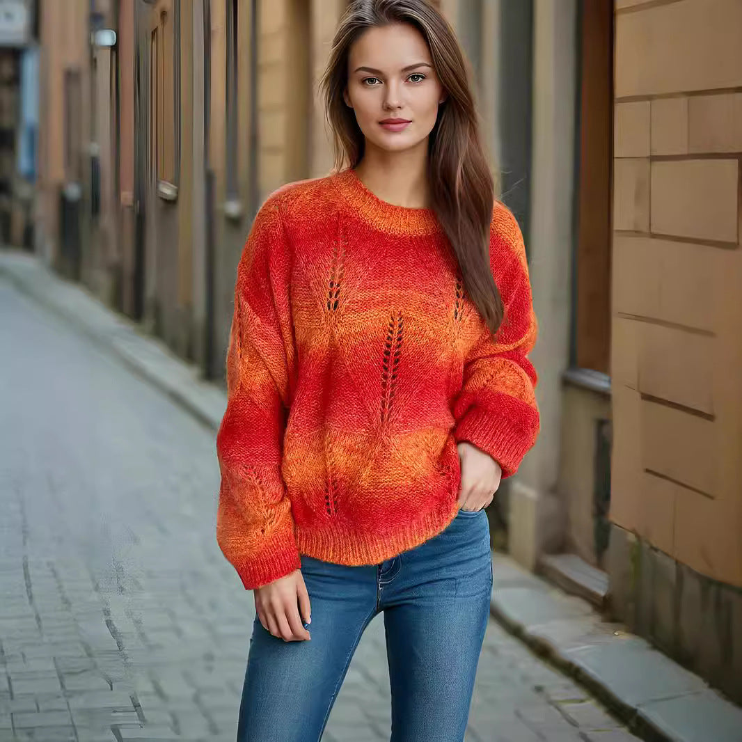 Damen lässiger Strickpullover mit modernem Lochmuster und voluminösen Ärmeln Drune