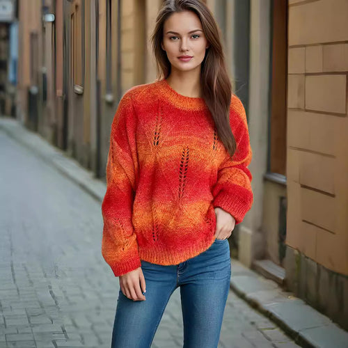 Damen lässiger Strickpullover mit modernem Lochmuster und voluminösen Ärmeln Drune