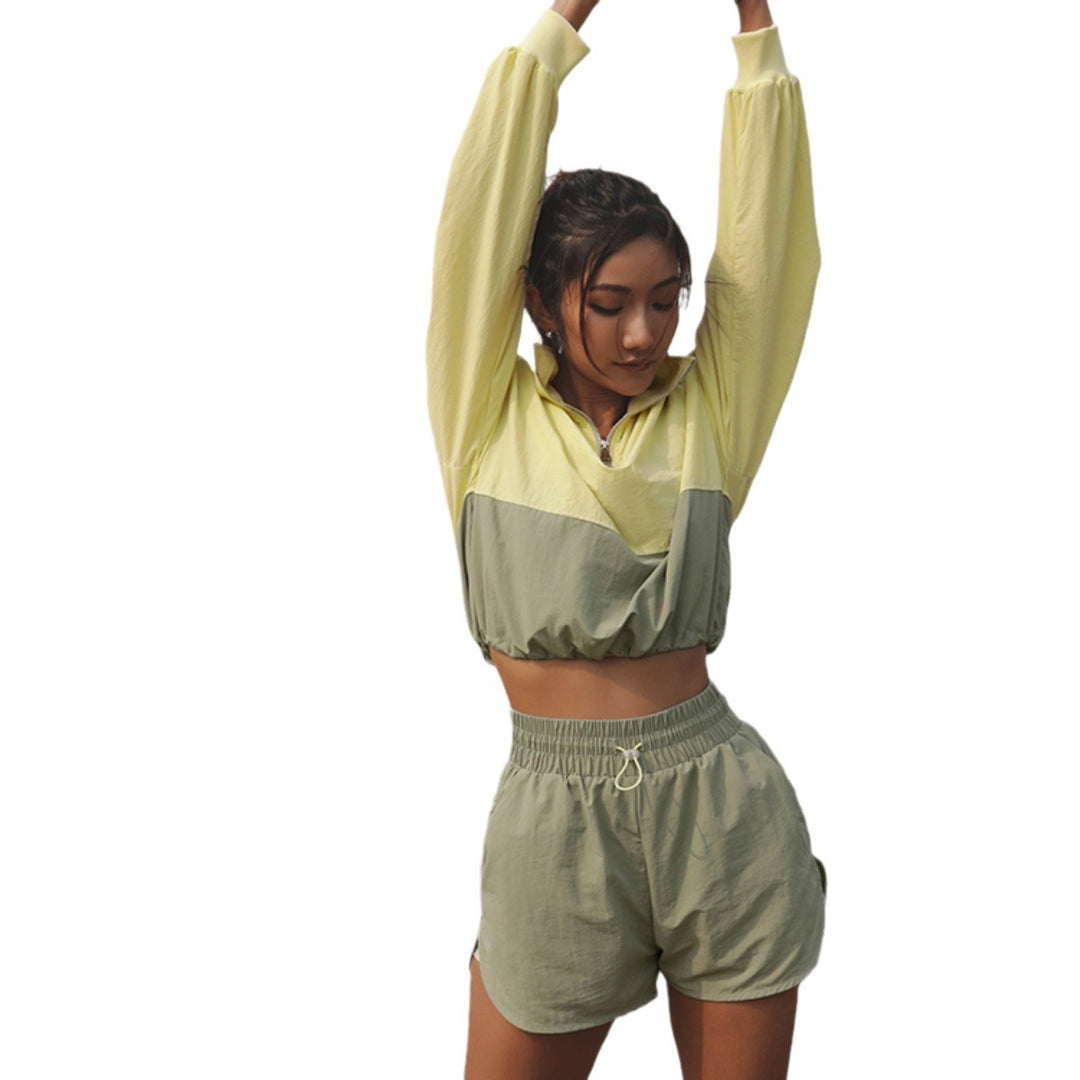 Damen nan sportliches kurzes Trainingsset mit halbem Reißverschluss, Tunnelzug und elastischen Laufshorts Drune